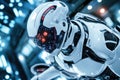 Futuristic white robot with advanced tech helmet in sci-fi environment Royalty Free Stock Photo