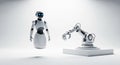 Futuristic Robot and Robotic Arm Floating on a White Background android artificial intelligence Royalty Free Stock Photo