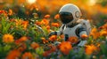 Futuristic white robot in garden AI Generated Royalty Free Stock Photo