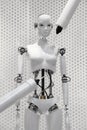 Futuristic white robot woman being made by the machines