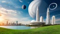 Futuristic white Skyscraper city on beautiful grass, big jupiter planets in the sky, surroun Royalty Free Stock Photo