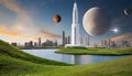 Futuristic white Skyscraper city on beautiful grass, big jupiter planets in the sky, surroun Royalty Free Stock Photo