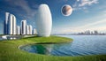 Futuristic white Skyscraper city on beautiful grass, big jupiter planets in the sky, surroun Royalty Free Stock Photo
