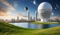 Futuristic white Skyscraper city on beautiful grass, big jupiter planets in the sky, surroun Royalty Free Stock Photo