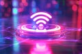 A glowing neon Wi-Fi symbol embedded in a sleek surface, reflecting advanced technology and connectivity. Royalty Free Stock Photo