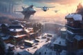 Futuristic Winter Cityscape: Flying Cars and High-Tech Infrastructure Amidst Snowy Urban Playground