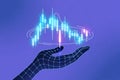 Futuristic Wireframe Hand Holding Holographic Candlestick Chart â Digital Finance Visualization Royalty Free Stock Photo
