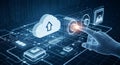 Futuristic digital hand interacts with a glowing cloud computing interface, initiating data upload. Royalty Free Stock Photo