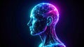A futuristic wireframe human head profile glowing with neon colors, depicting artificial intelligence and neural network concepts. Royalty Free Stock Photo