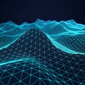 Futuristic-wireframe terrain showing digital-data-visualization and mesh-surface-modeling. Royalty Free Stock Photo
