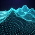 Futuristic-wireframe terrain showing digital-data-visualization and mesh-surface-modeling. Royalty Free Stock Photo
