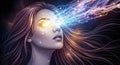 Futuristic woman with glowing eyes receives streams of digital data, symbolizing advanced technology, artificial intelligence, and Royalty Free Stock Photo