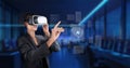 Futuristic Woman Interacting with Virtual Reality AI Technology in a High-Tech Environment Focused on Generative Royalty Free Stock Photo