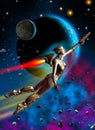 Futuristic woman soldier flying in the outer space, in the background stars, planets, nebula and asteroids, 3d illustration Royalty Free Stock Photo