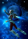 Futuristic woman soldier flying in the outer space, in the background stars, planets, nebula and asteroids, 3d illustration Royalty Free Stock Photo