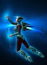 Futuristic woman soldier flying in the outer space, in the background stars, planets, nebula and asteroids, 3d illustration Royalty Free Stock Photo