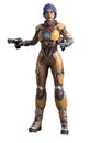 Futuristic woman soldier with guns, White background,