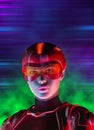 Futuristic woman soldier, red suit and helmet, 3d illustration