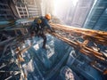 Futuristic worker in cyberpunk exoskeleton at dizzying height