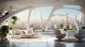 Futuristic workplace, working room, city view, minimal style, interior office design