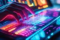 Futuristic workspace close up of hand on keyboard with vibrant web design and code elements Royalty Free Stock Photo