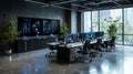 Futuristic workspace design in modern business hub featuring innovative technology and green elements Royalty Free Stock Photo