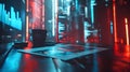 futuristic workspace with data analysis, a cup of coffee, and neon lights creating a modern and tech-driven atmosphere for innovat Royalty Free Stock Photo