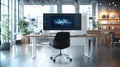 Futuristic workspace featuring a sleek smart TV and modern design elements for productivity Royalty Free Stock Photo