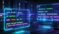 Futuristic holographic developer workspace with floating augmented reality screens displaying javascript and php programming code Royalty Free Stock Photo
