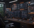 Futuristic workspace illuminated by neon lights filled with multiple monitors displaying complex data and coding Royalty Free Stock Photo