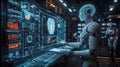 Futuristic workspace with multiple AI interfaces displaying complex data and analytics in a tech lab Royalty Free Stock Photo