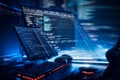 Futuristic workspace with multiple monitors displaying blue glowing code, cyberpunk lighting, and tech ambiance. Royalty Free Stock Photo