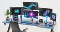 Futuristic workspace with multiple monitors displaying colorful data visualizations and holographic Royalty Free Stock Photo