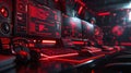 Red Neon Illuminated Gaming Setup with Multiple Monitors and Cyberpunk Aesthetics Royalty Free Stock Photo