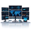 A futuristic workstation with multiple computer monitors displaying various data visualizations Royalty Free Stock Photo