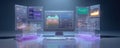 Futuristic workstation with multiple displays showcasing data analytics and technology Royalty Free Stock Photo