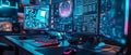 Futuristic workstation setup featuring multiple monitors and peripheral devices Royalty Free Stock Photo