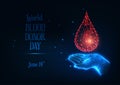 Futuristic world blood donor day banner with glowing low polygonal human hand holding blood drop Royalty Free Stock Photo