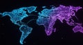 Futuristic world map displaying digital network connections and data visualization for global business communication. Technology Royalty Free Stock Photo