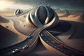 futuristic world where cars are powered by miniature black holes, with twisting, gravity-defying highways weaving through the