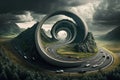 futuristic world where cars are powered by miniature black holes, with twisting, gravity-defying highways weaving through the