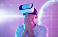 Futuristic, wow and man with vr planet exploring a cyber space world. Surprise, shock and male in virtual reality