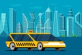 Futuristic yellow car on future cityscape road. Autonomous get taxi cab vehicle service in smart city with skyscrapers