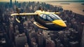 Futuristic Yellow Flying Cab Soaring Over Manhattan - generative ai