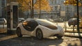 A futuristiclooking electric car being charged by a solarpowered station in a parking lot. . AI generation