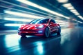 Futuristicred sports car in motion. Blue light motion background with car silhouette. a supercar on a night track. AI Royalty Free Stock Photo