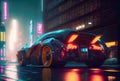 Futuristics car model in orange blue and pink color cyberpunk in dark city downtown background. Transportation and Innovative