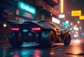 Futuristics car model in orange blue and pink color cyberpunk in dark city downtown background. Transportation and Innovative