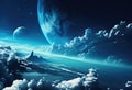 Futurustic Sky background blue Earth planets clouds Royalty Free Stock Photo