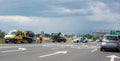 Fuzesabony, Hungary. Two cars are on the tow trucks after the accident on the road. Police blocked traffic. Broken glass